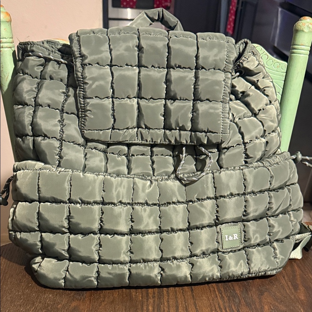 Iris and Rainbow Olive Green Large Puffer Backpack NWOT